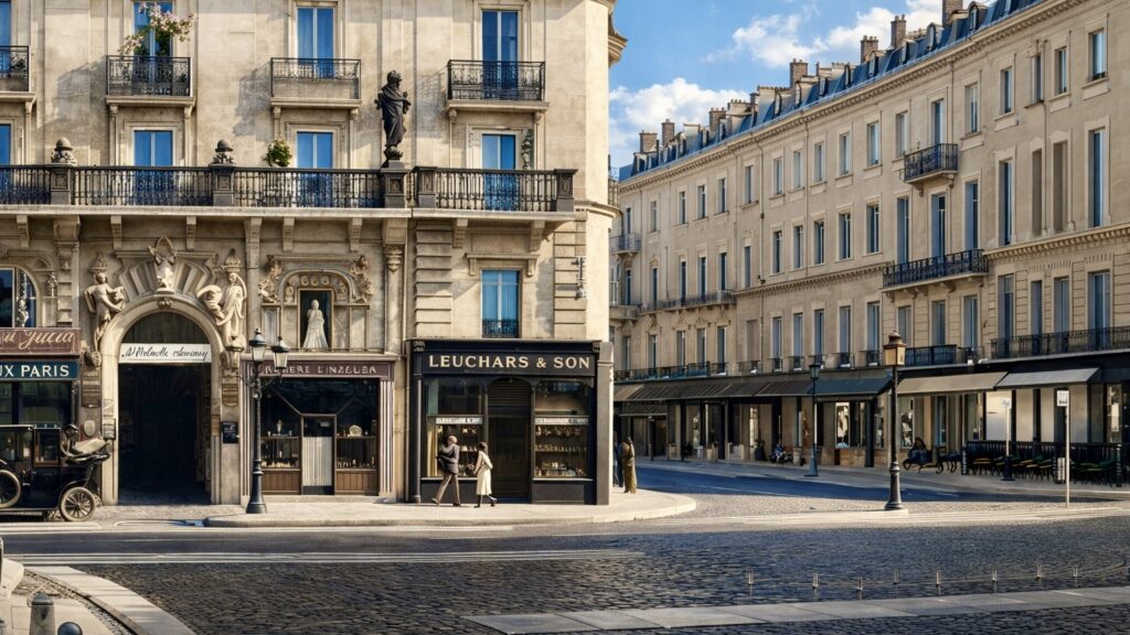 Leuchars & Son Paris storefront beside a central archway at 2 Rue de la Paix, early 1900s street scene