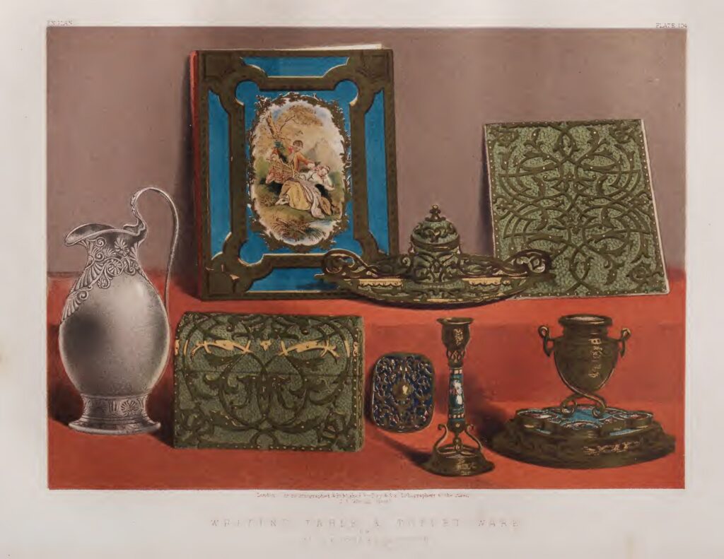Plate 104 showing table and toilet ornaments exhibited by W. Leuchars in London in 1862