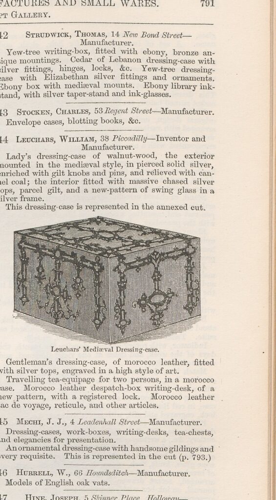 Official 1851 Great Exhibition catalogue entry and engraving of the dressing case exhibited by William Leuchars.