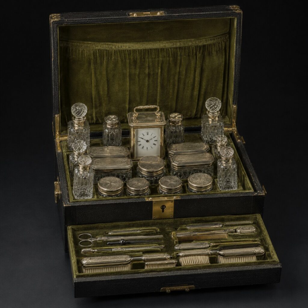 Editorial reconstruction of an open black leather travelling case with an olive fitted interior, silver-mounted glass vessels, a carriage clock and grooming tools.