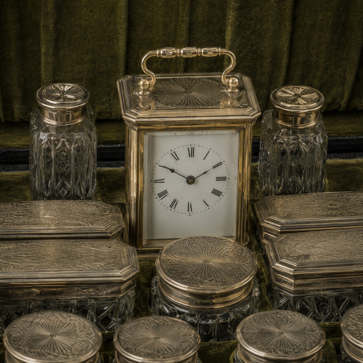 Close editorial reconstruction of a small gilt carriage clock among matching silver-mounted bottles and boxes in an olive velvet case.