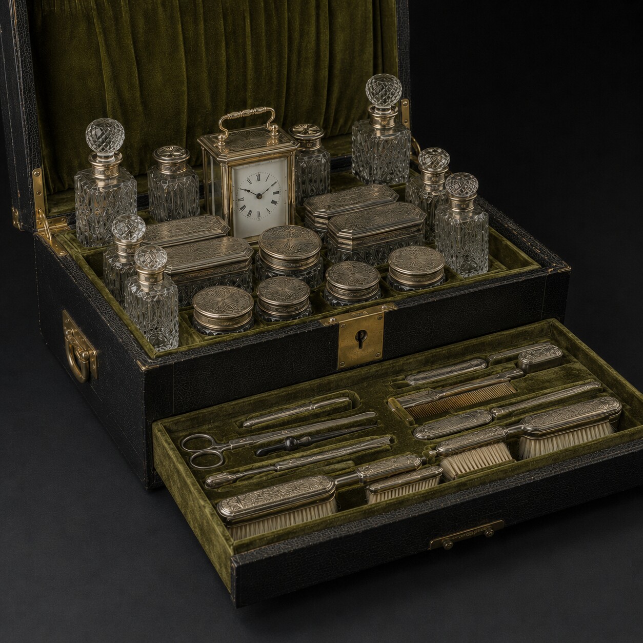 Three-quarter editorial reconstruction of an open travelling case with an upper compartment of vessels and a pulled-forward lower grooming tray.