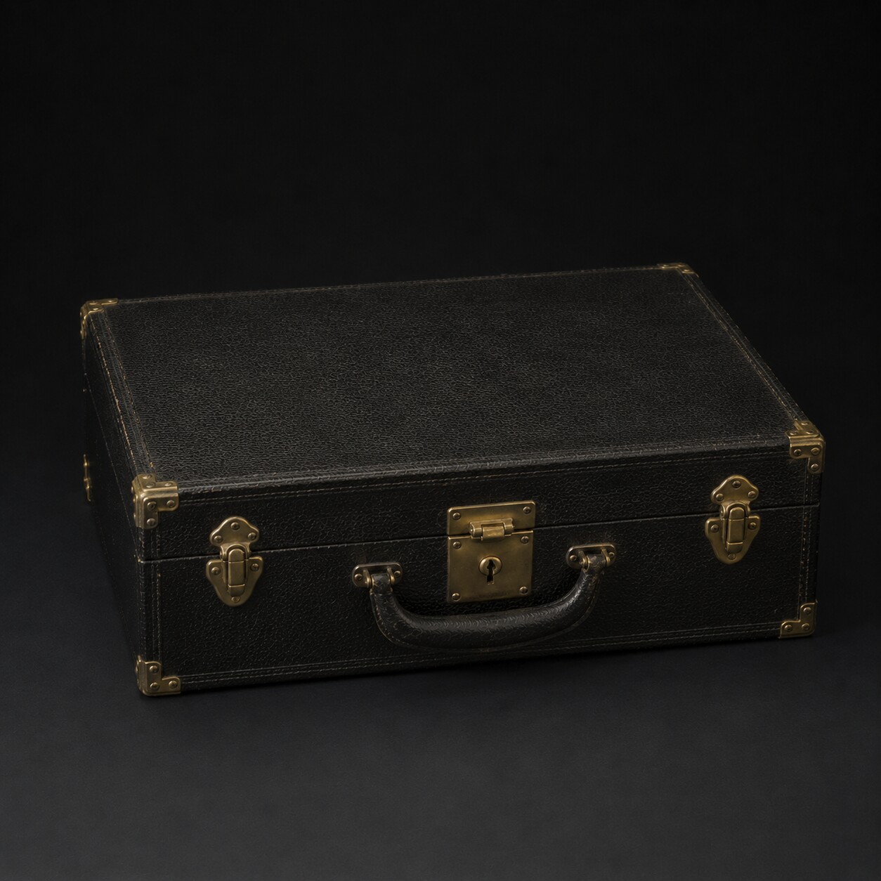 Three-quarter editorial reconstruction of a closed rectangular black morocco travelling case with a leather handle and aged brass locks and corners.