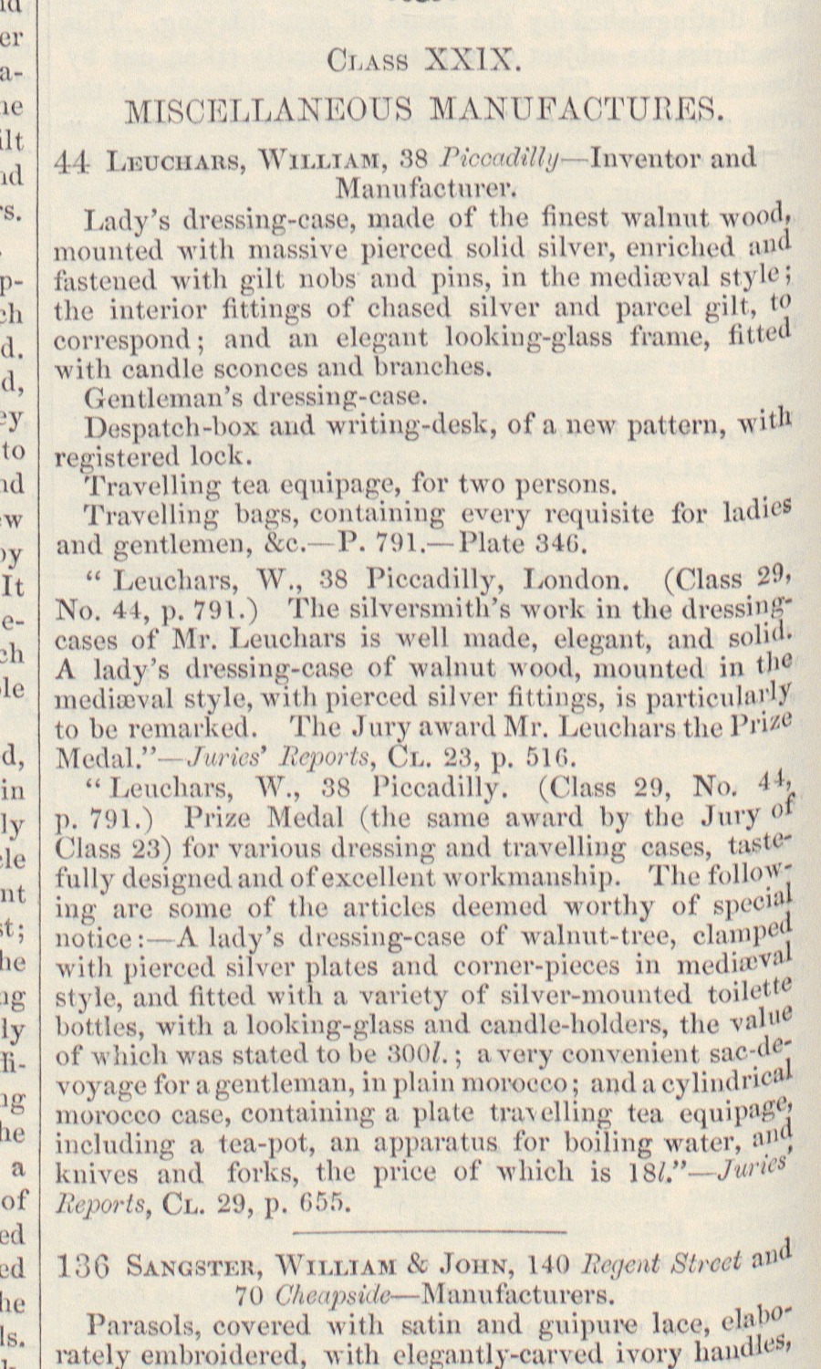 Official 1851 catalogue text recording the jury assessment and Prize Medal for W. Leuchars.