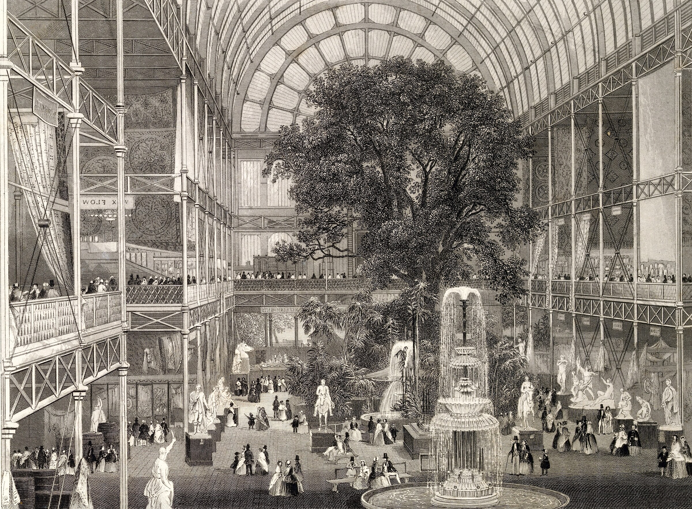 Steel engraving showing visitors and displays inside the Crystal Palace during the Great Exhibition of 1851.