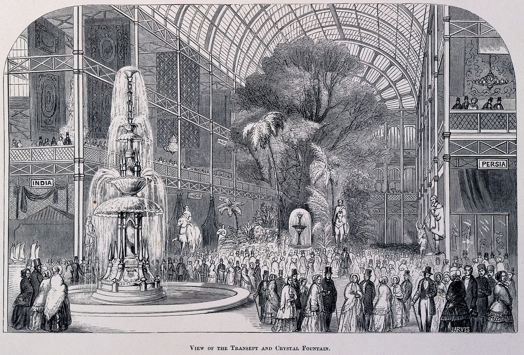Engraved view of the Crystal Palace transept, central fountain and visitors in 1851.