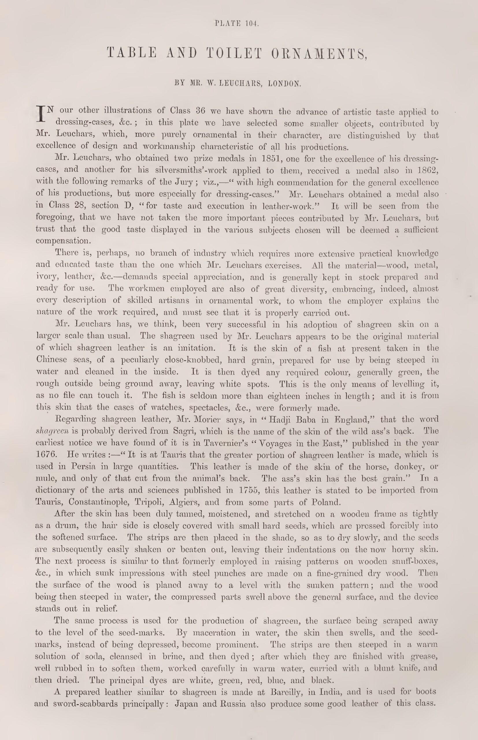 Waring commentary on W. Leuchars and Plate 104 at the 1862 International Exhibition