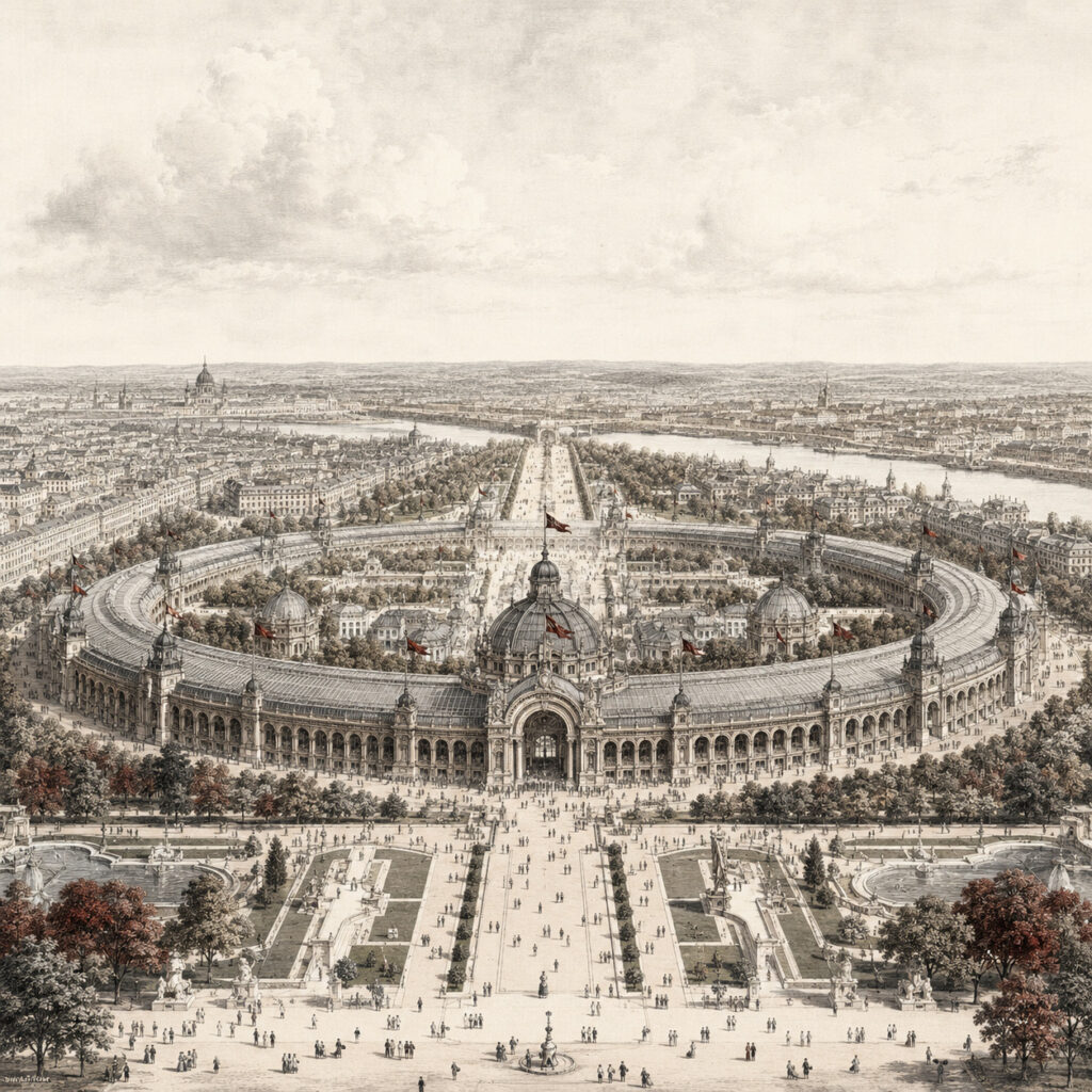 Editorial illustration of the elliptical exhibition palace and grounds in Paris in 1867.