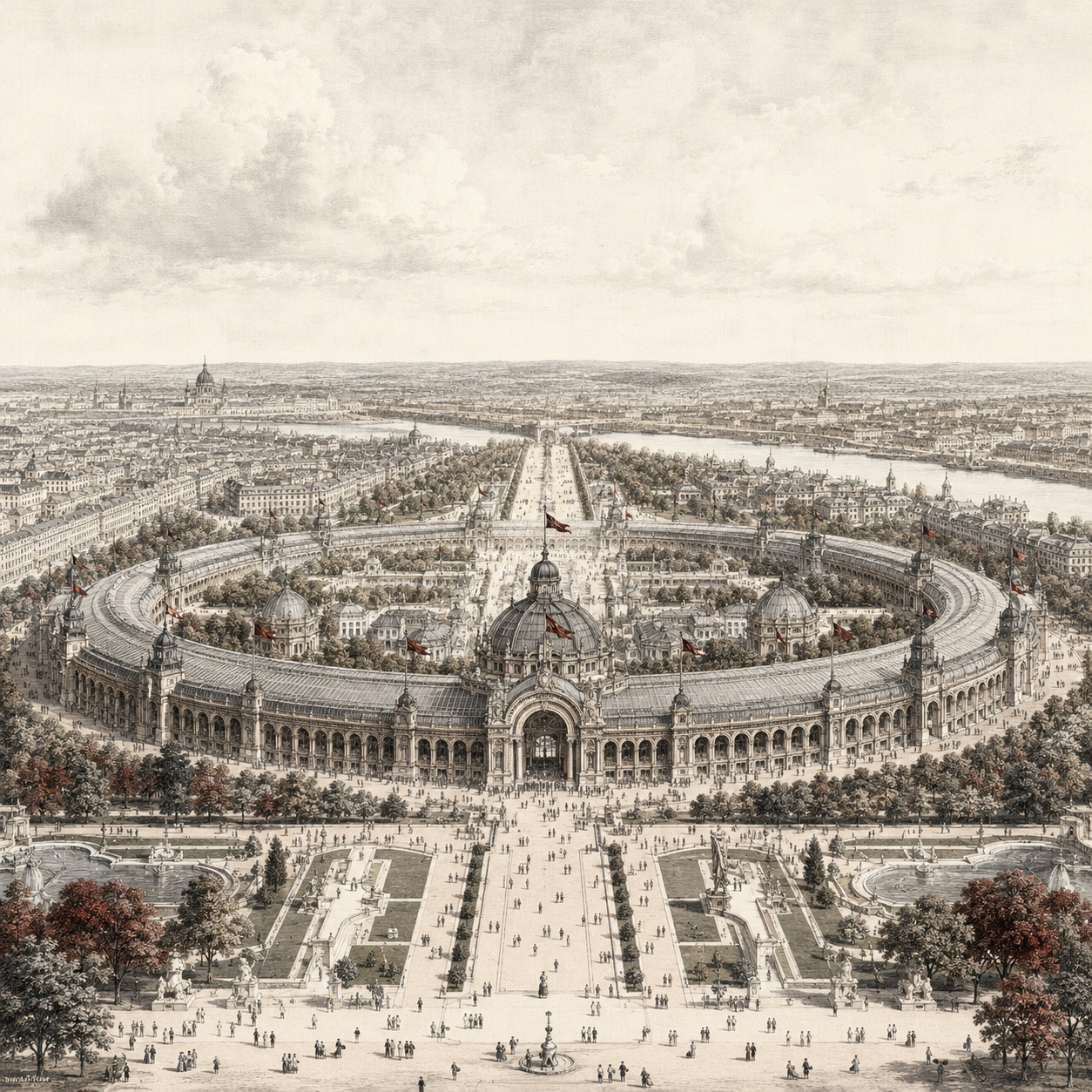 Editorial illustration of the elliptical exhibition palace and grounds in Paris in 1867.