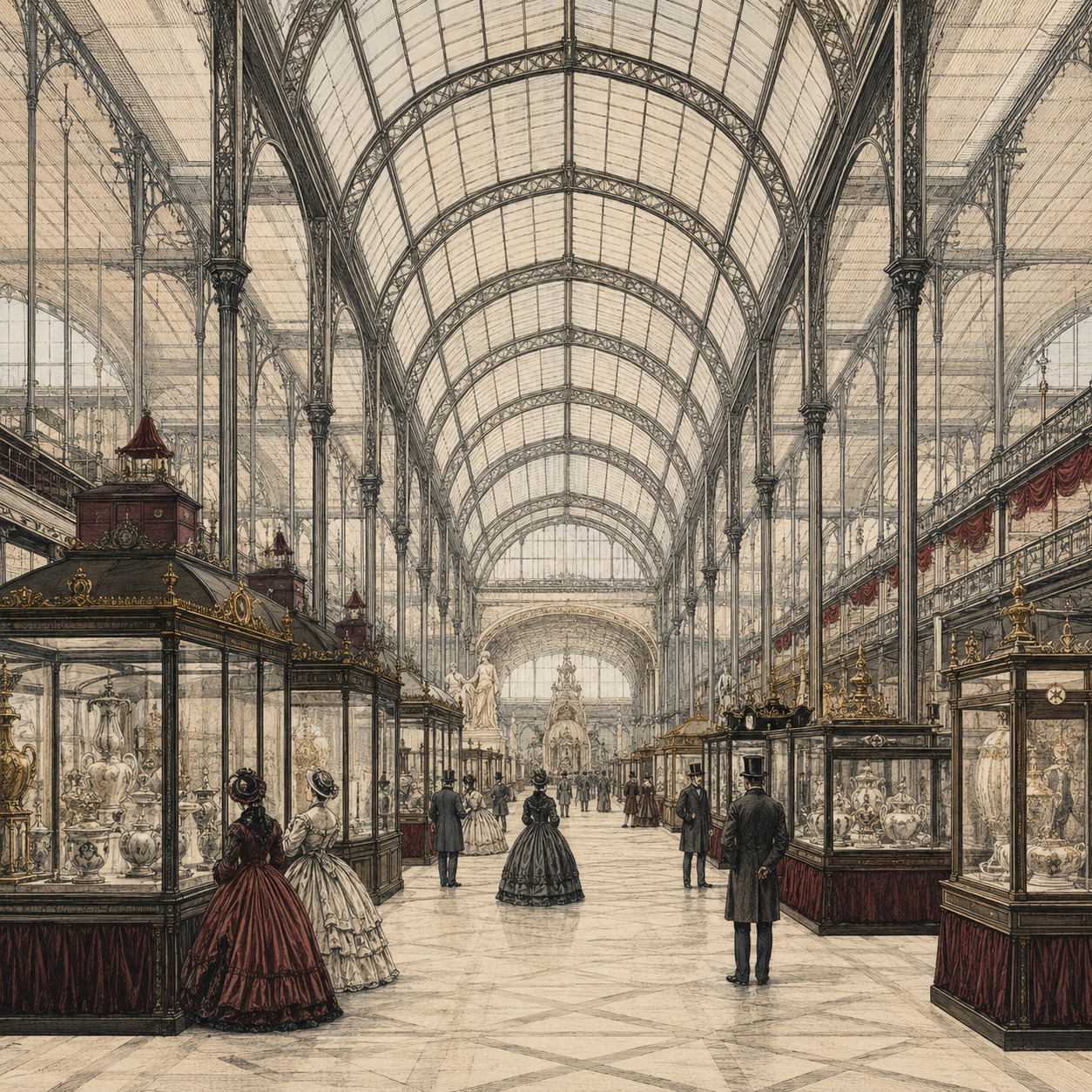 Editorial illustration of visitors and display cases inside a vast iron-and-glass exhibition gallery.