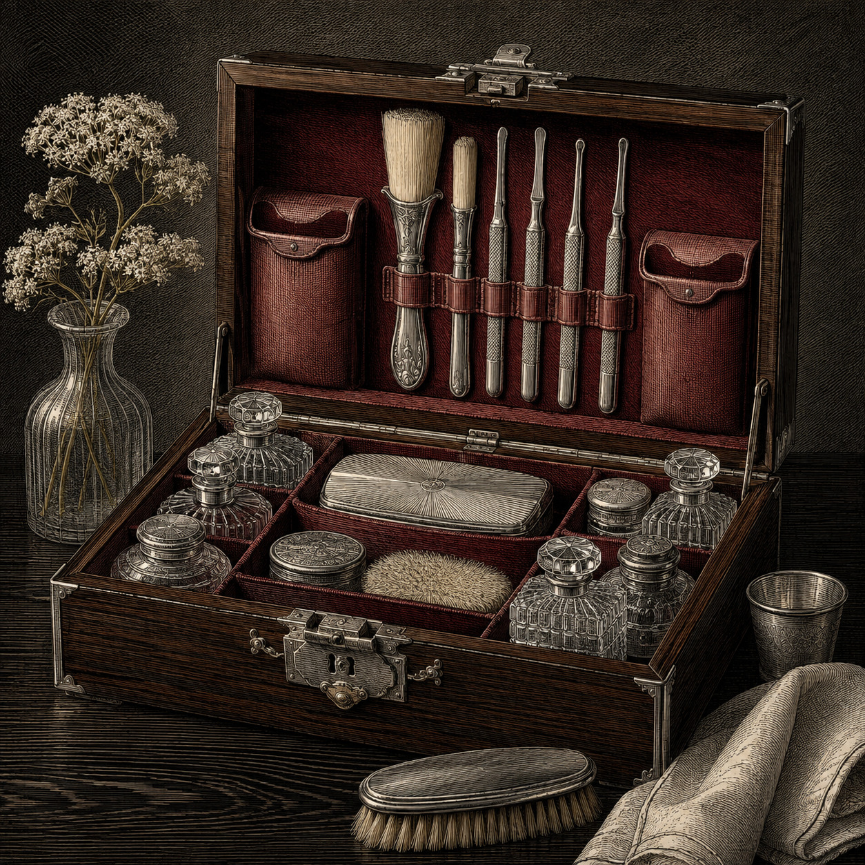 Editorial illustration of an open walnut dressing case with fitted bottles, brushes and grooming implements.