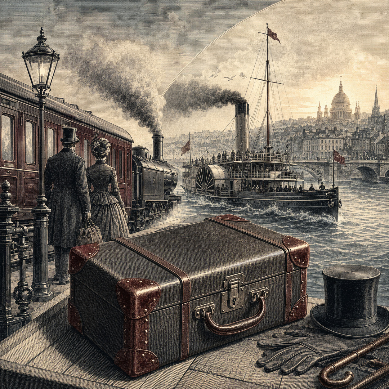 Editorial illustration combining a Victorian train, paddle steamer and travelling case.