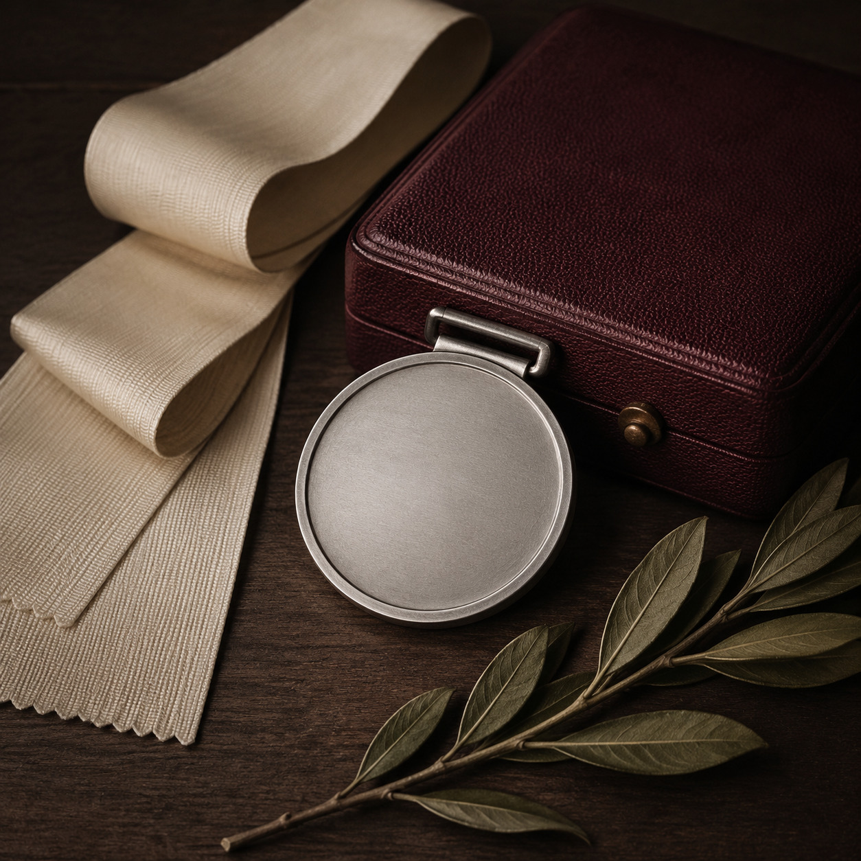 Editorial still life of a blank silver medal, ivory ribbon, laurel branch and oxblood case.