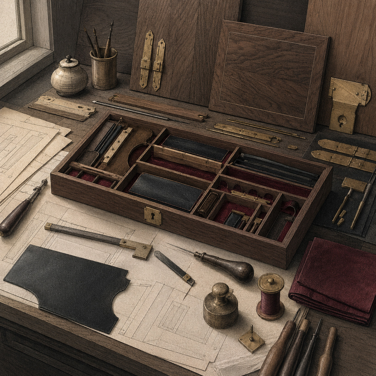 Editorial illustration of a workbench with walnut, leather, brass fittings, patterns and a fitted tray.