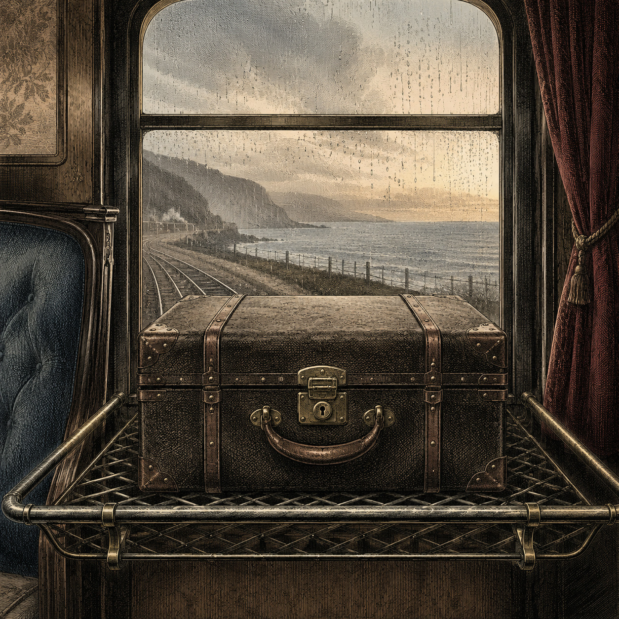 Editorial illustration of an intact Victorian travelling case on a railway luggage rack after rain.