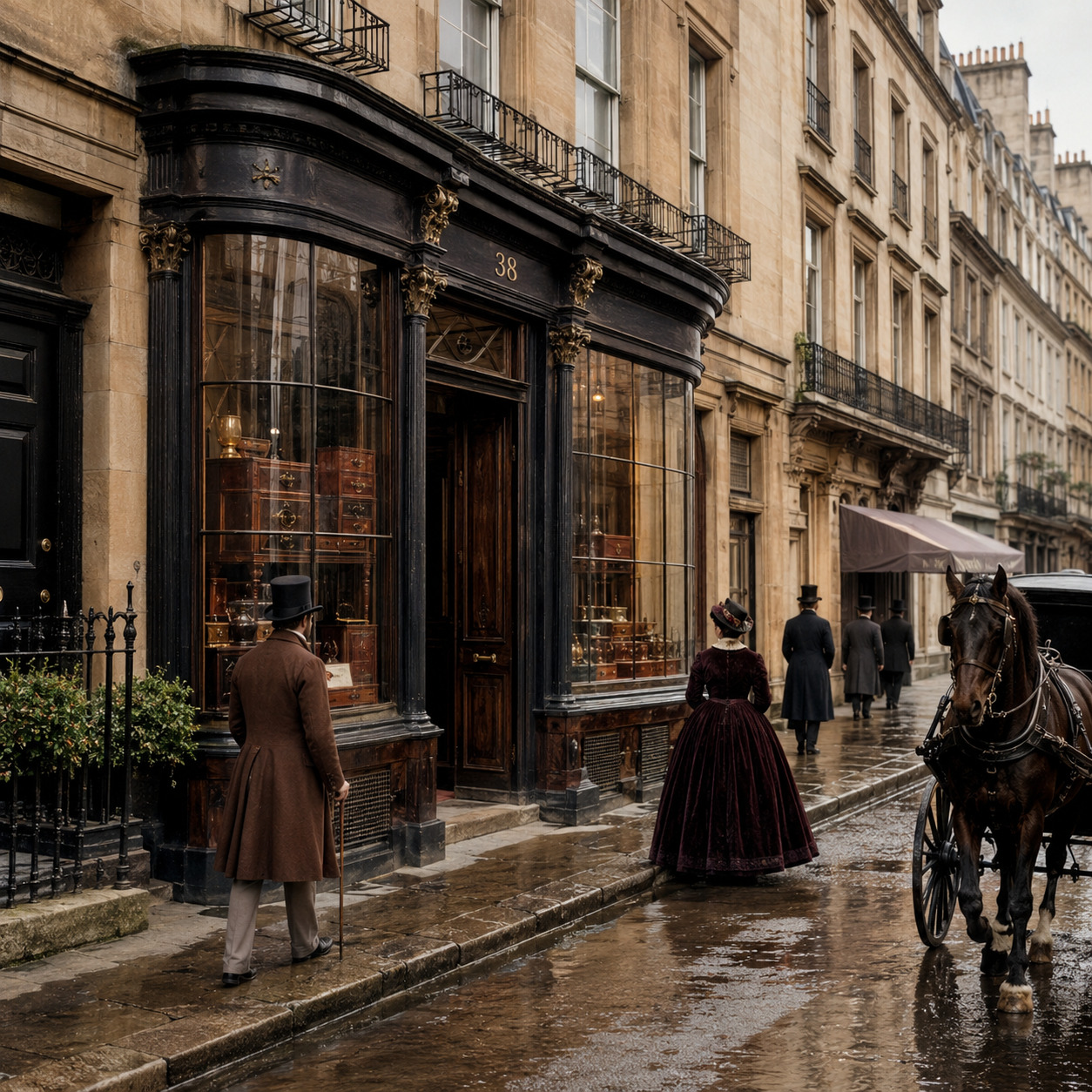 Editorial view of an early Victorian specialist case maker's shopfront at 38 Piccadilly.
