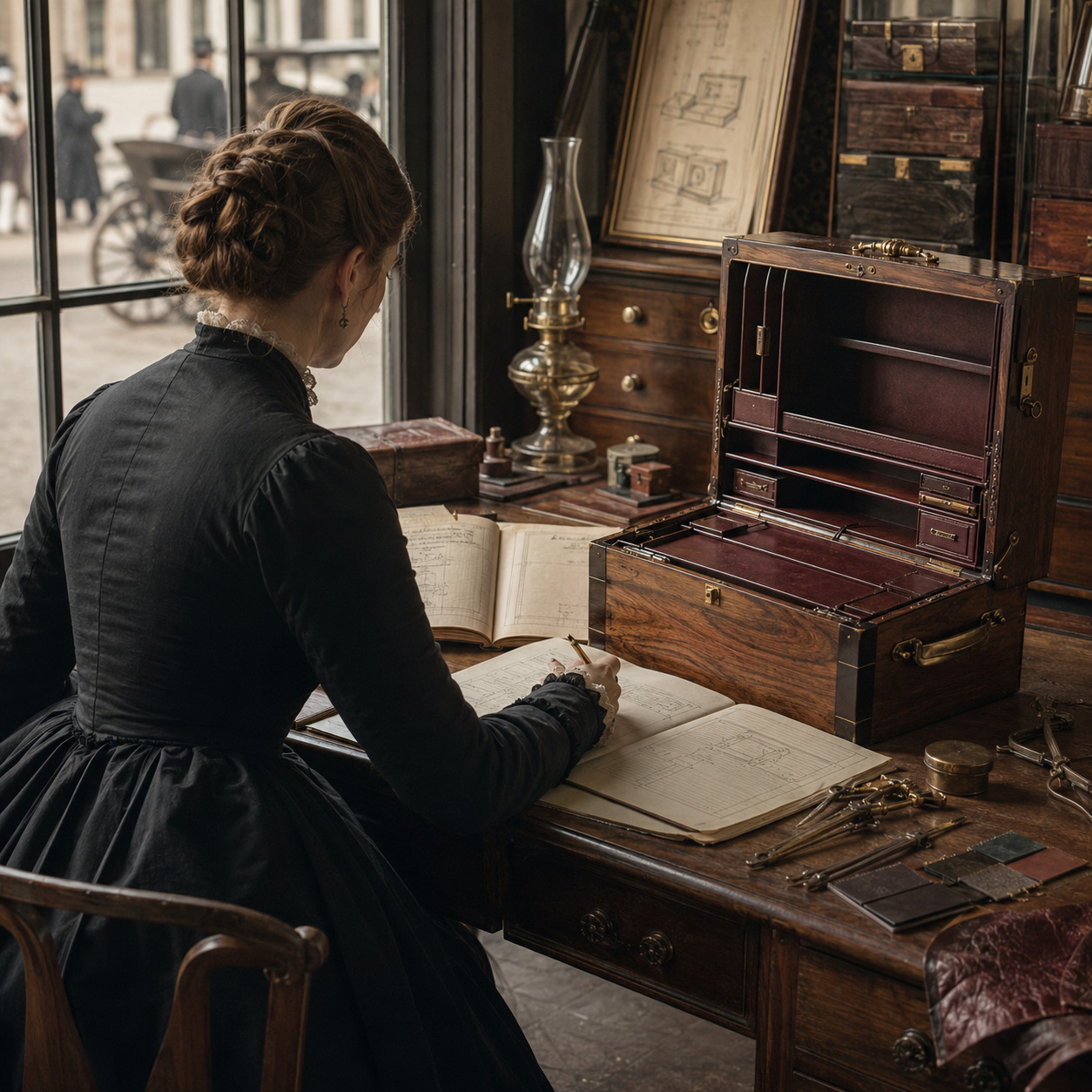 Woman in early Victorian dress reviewing case drawings beside an open fitted writing case.