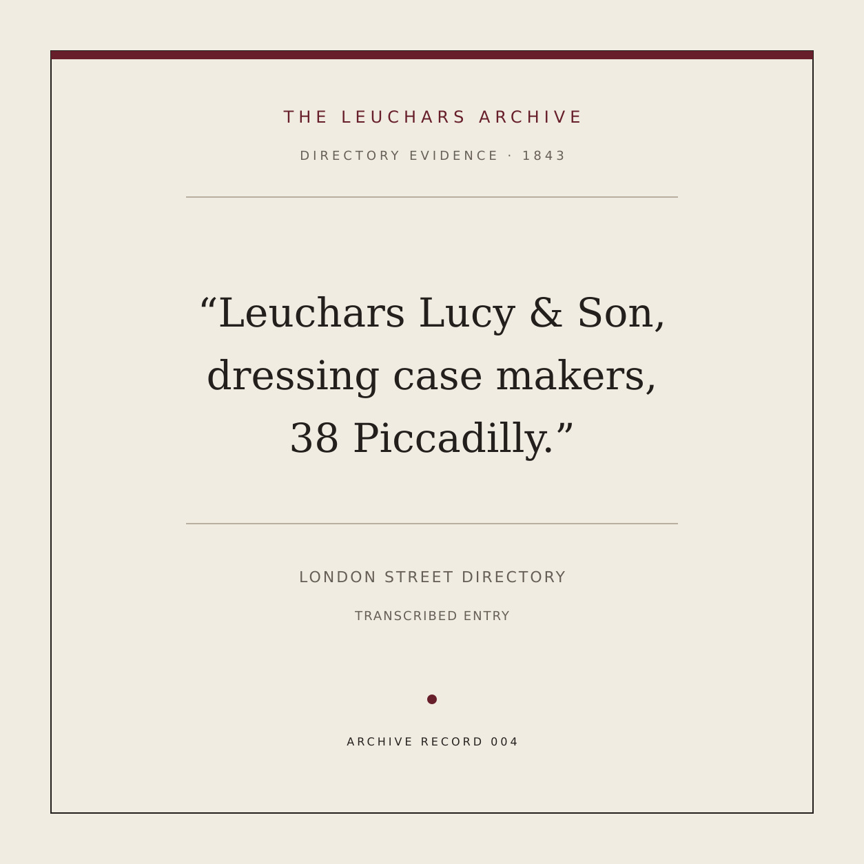 Typographic card quoting the 1843 directory entry for Lucy Leuchars and Son at 38 Piccadilly.