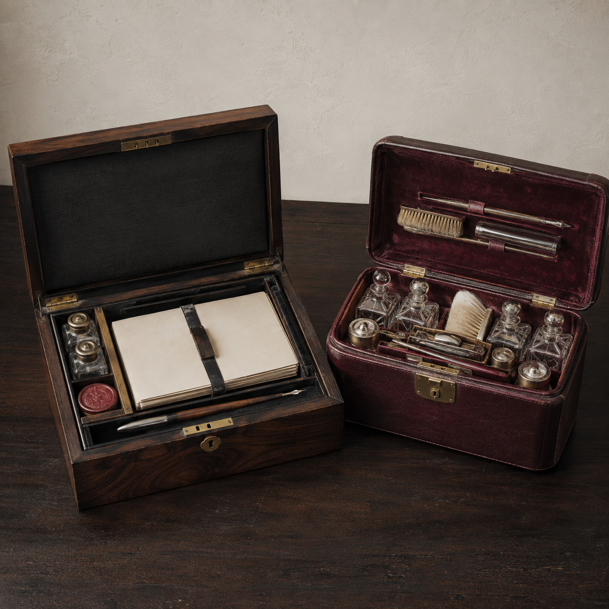 Open walnut writing case and oxblood dressing case arranged together on a dark table.