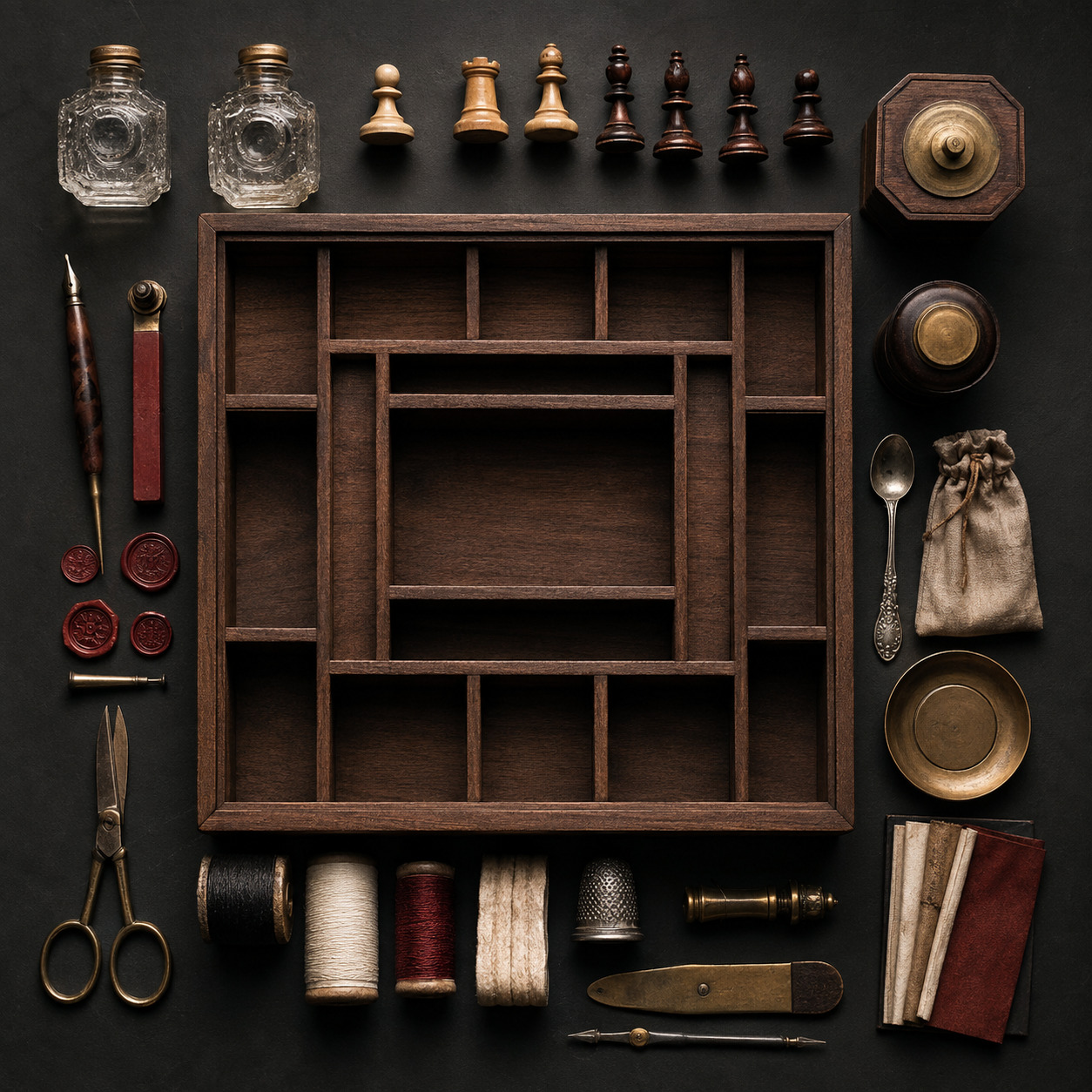 Overhead arrangement of a fitted walnut tray with bottles, chess pieces, writing and work-box tools.
