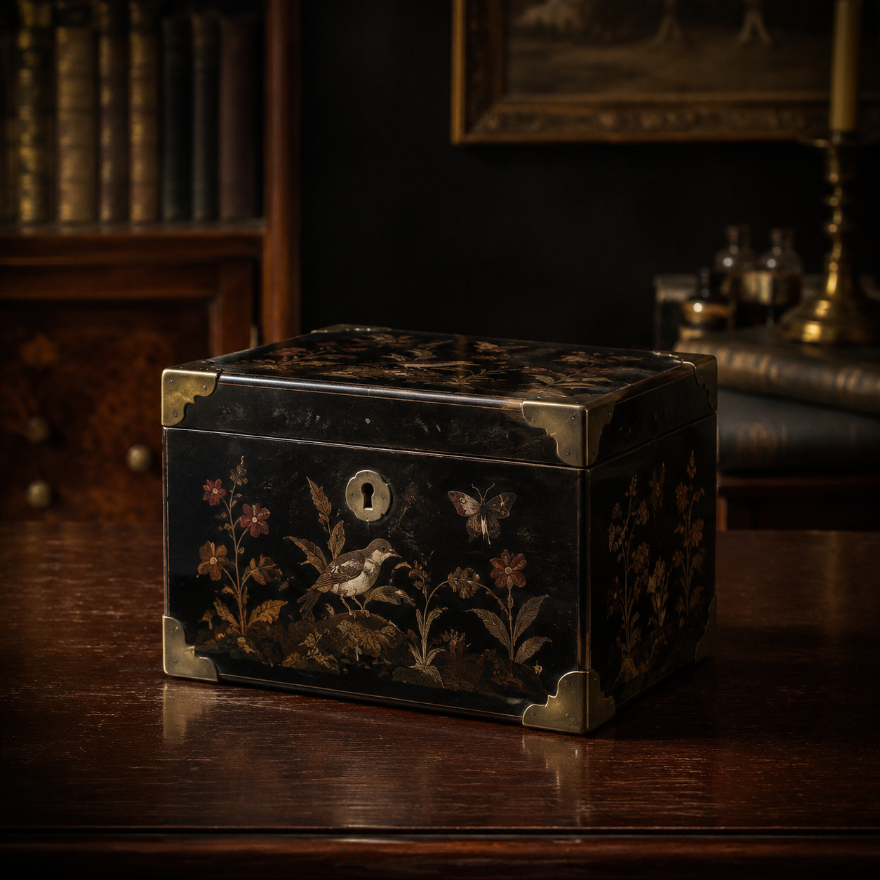 Closed black lacquer medicine chest with floral and bird inlay and aged brass fittings.