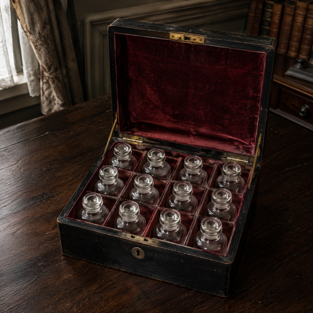 Open black medicine chest containing twelve empty glass bottles in fitted red velvet compartments.