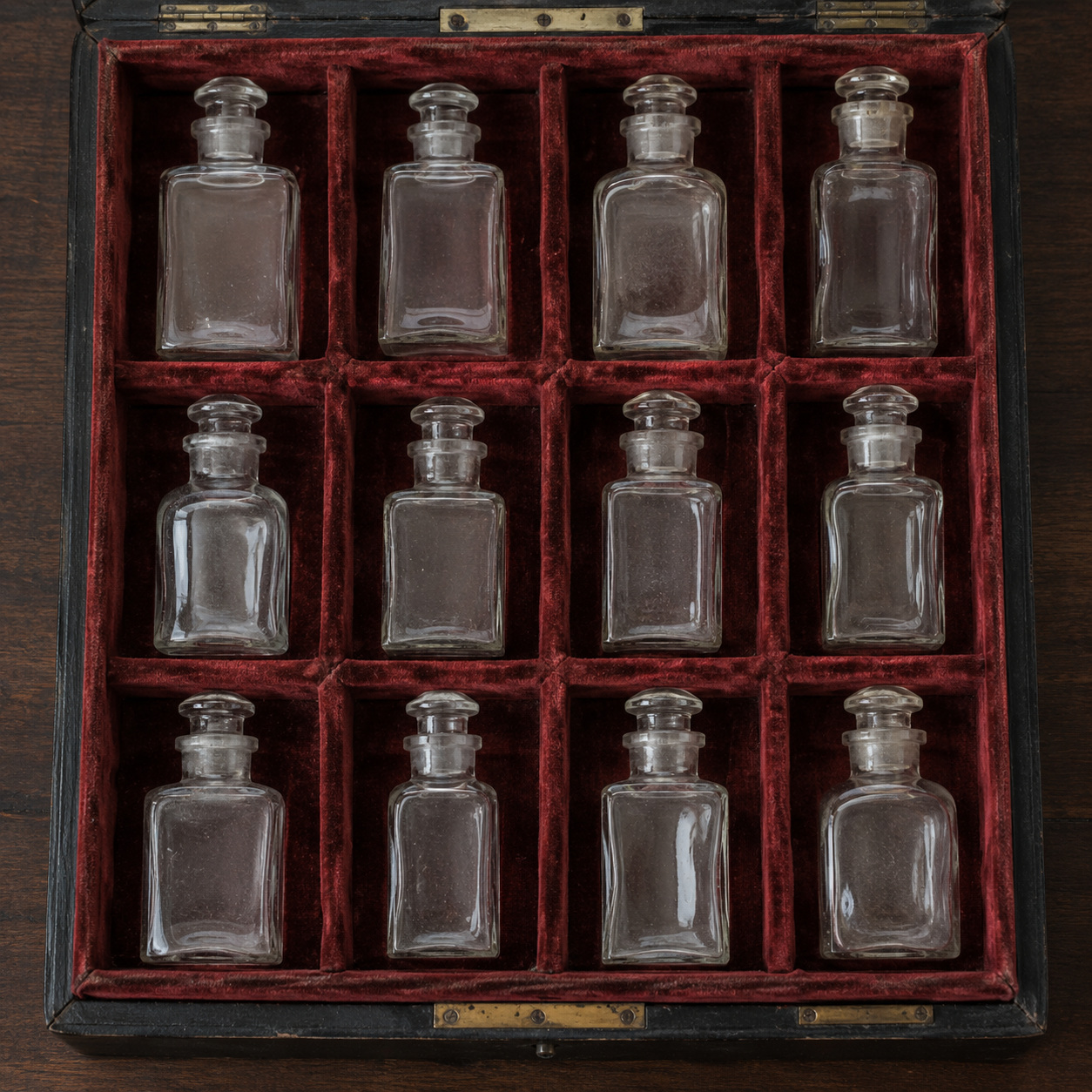 Twelve empty glass bottles arranged in individual compartments lined with deep red velvet.