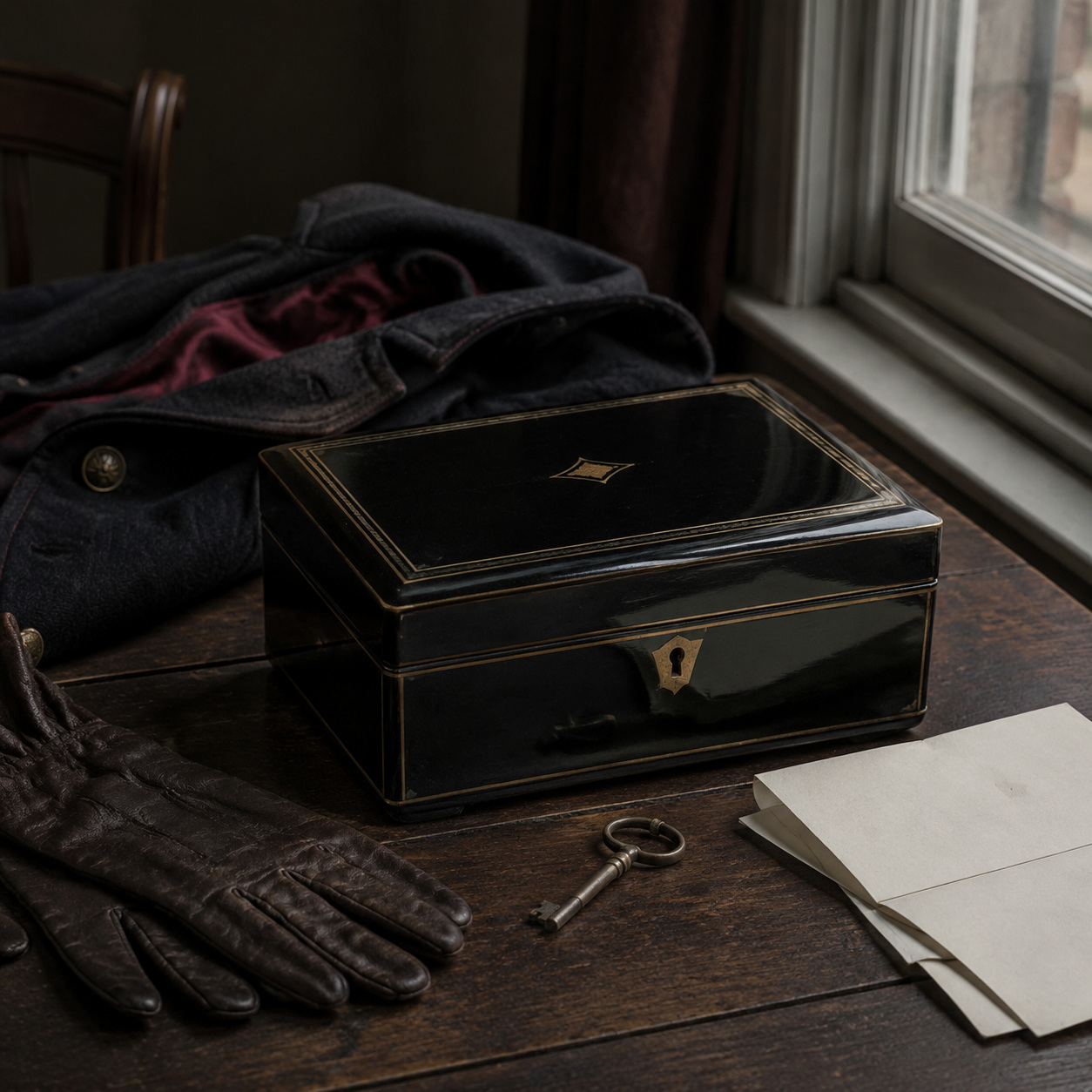 Closed black medicine chest beside dark gloves, folded wool clothing, a brass key and blank papers.