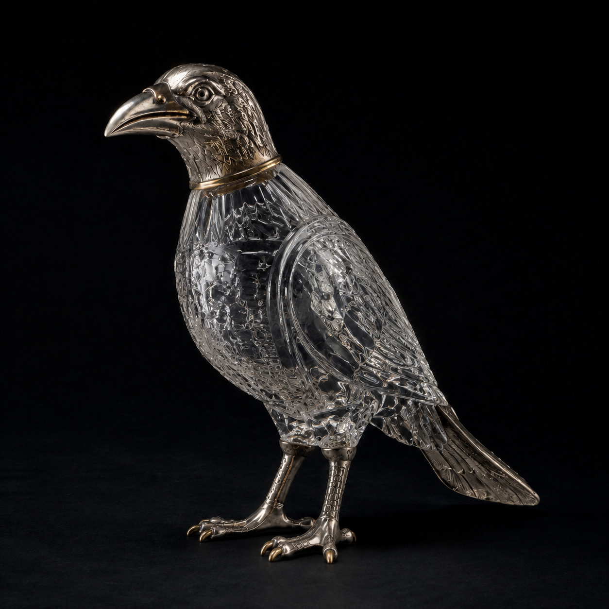 Clear glass crow-form vessel with chased silver head, two feet and tail against a black background.