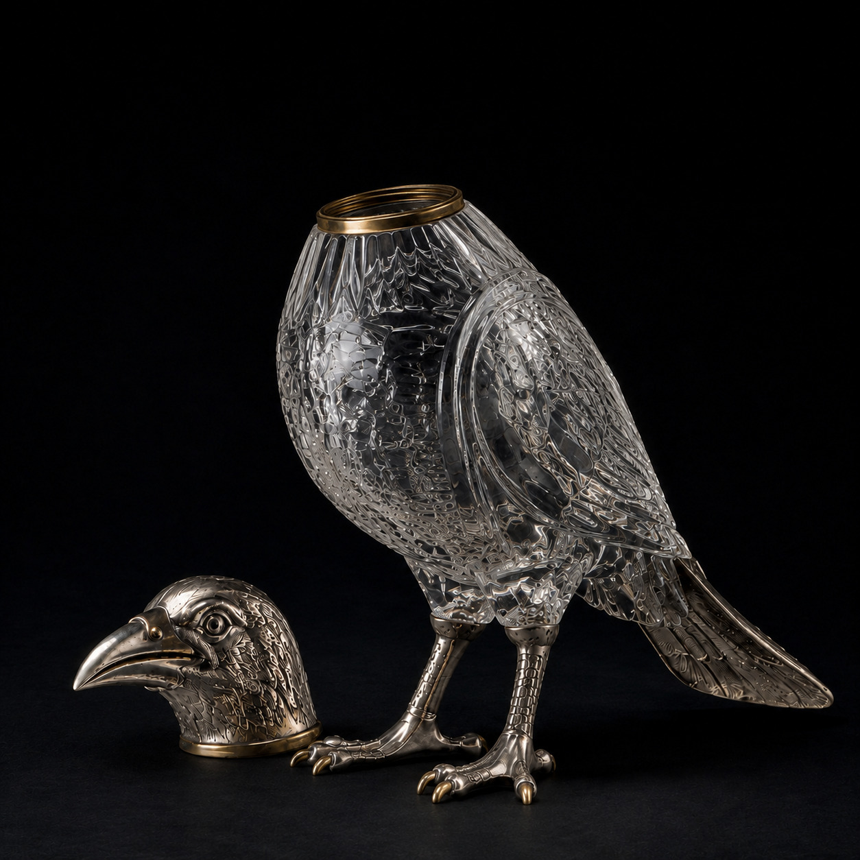 The same clear glass crow-form vessel with its chased silver head resting beside the open collar.