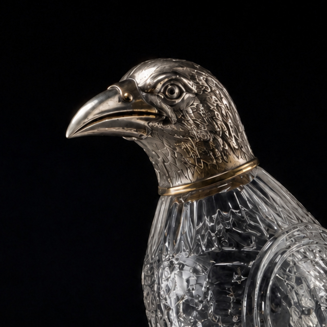 Close view of the same vessel’s chased silver bird head with dark glass eye, gilt beak and feathered collar.