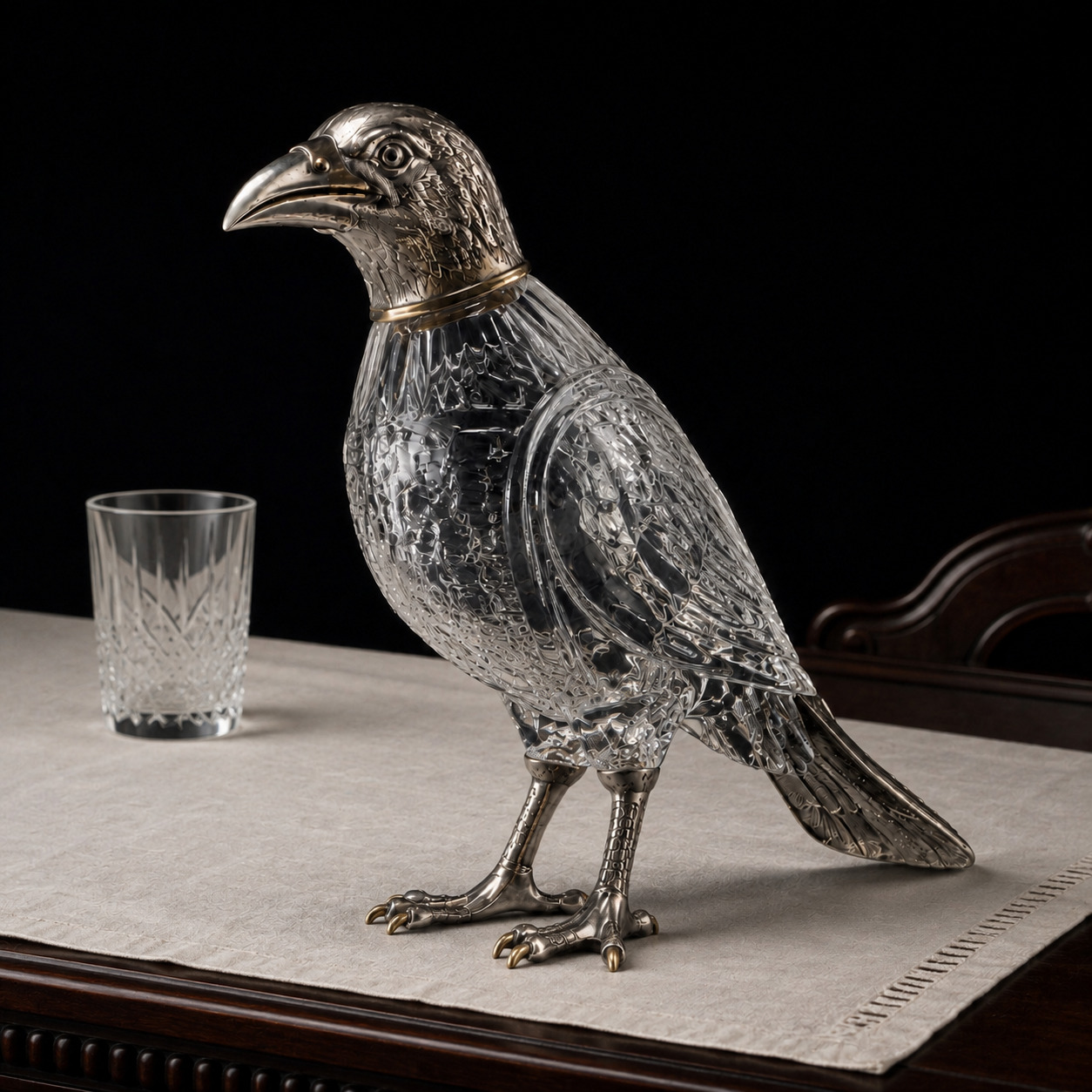 The same crow-form glass and silver vessel on a dark Victorian dining table beside linen and a plain glass.