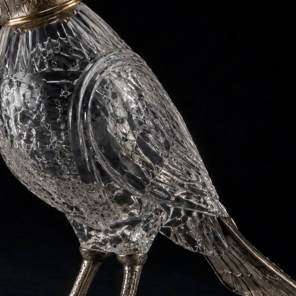 Close crop of the same crow-form vessel showing its moulded glass body, raised wing and chased silver tail.