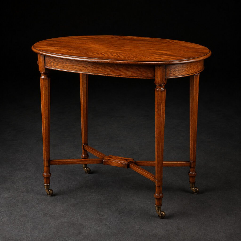 Editorial reconstruction of an oval oak auxiliary table with four caster legs.