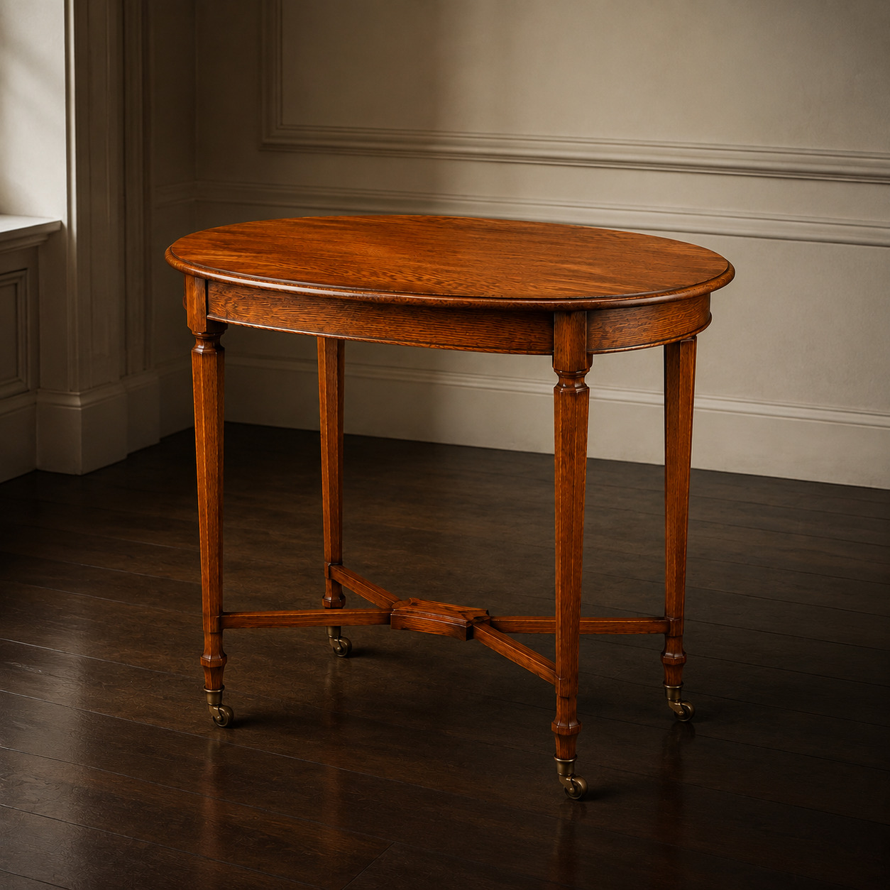 Editorial reconstruction of the oval oak table in a restrained historic interior.