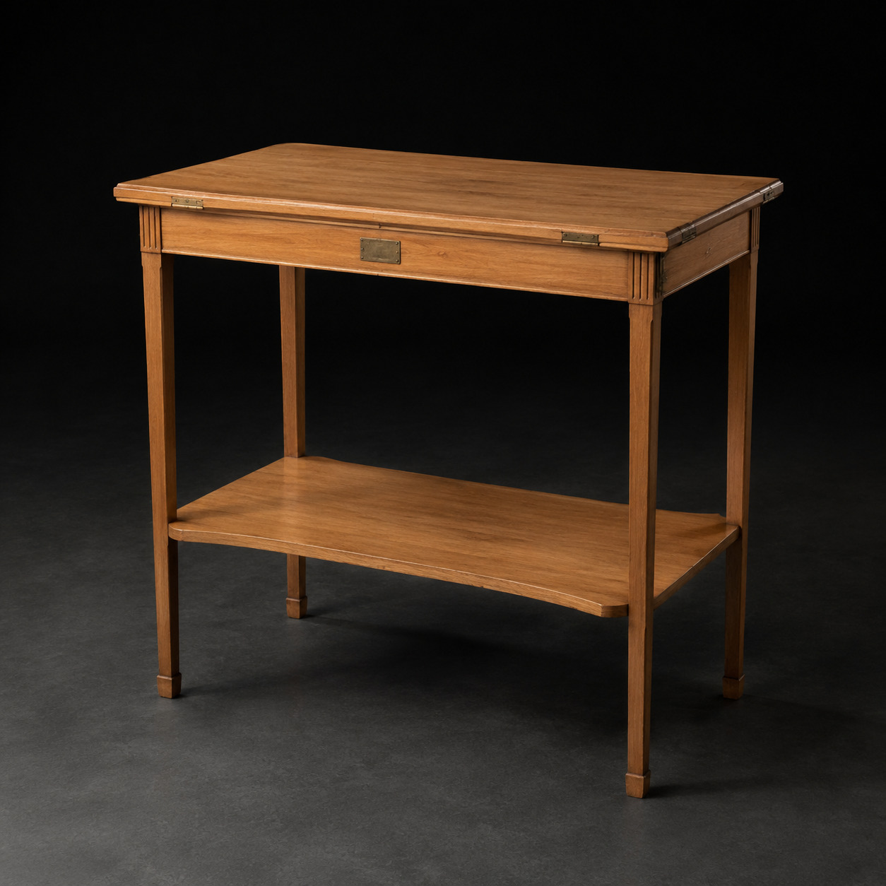 Editorial reconstruction of a rectangular light-walnut table with a lower shelf.