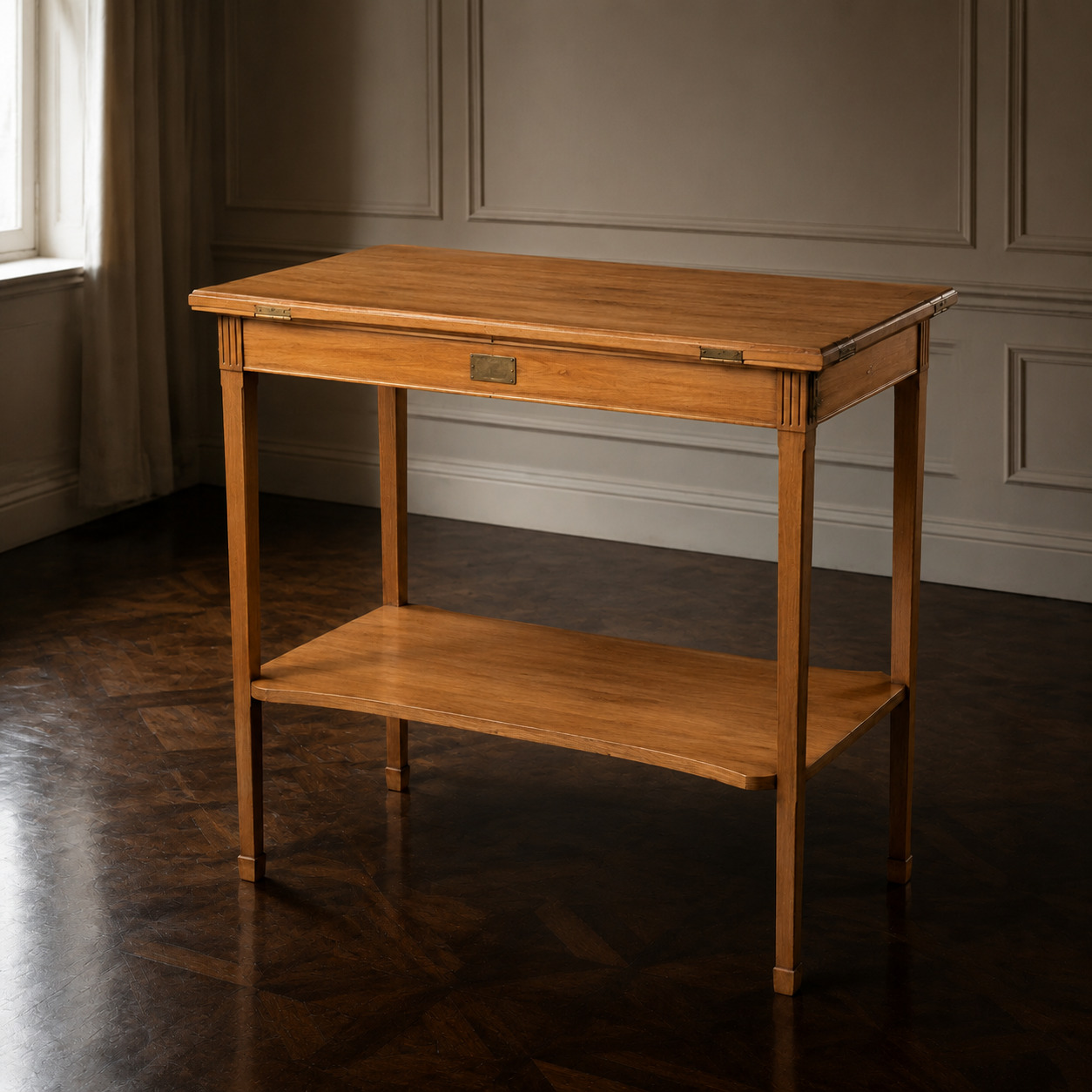Editorial reconstruction of the rectangular walnut table in a restrained interior.