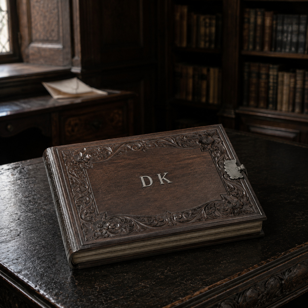 Editorial reconstruction of the D K photograph album on a dark table in a private library.